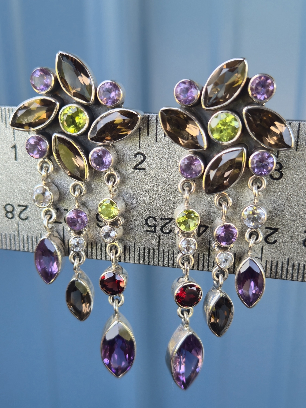 NICKY BUTLER Designer 925 Sterling Silver Garnet Smoky Quartz Amethyst Earrings